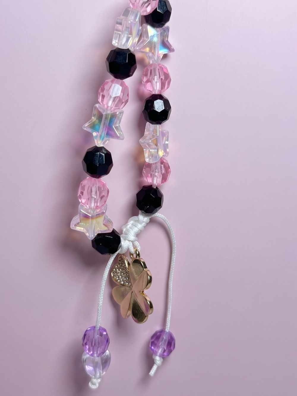 Pink & Black Star Bead bracelet with Gold Flower Charm